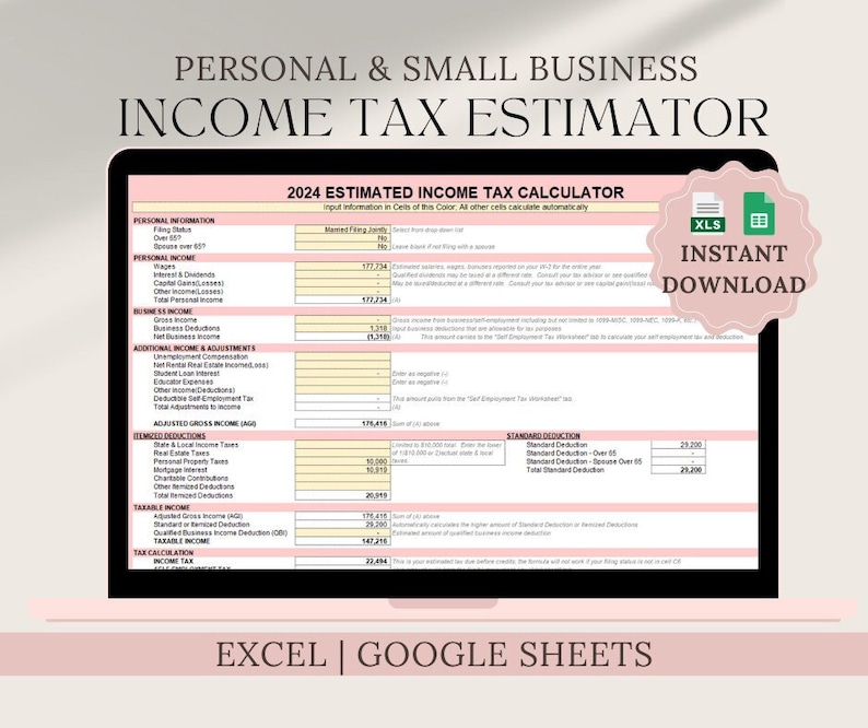 Puede incluir: Una hoja de c&aacute;lculo de estimaci&oacute;n del impuesto sobre la renta de 2024 en formato Excel y Google Sheets. La hoja de c&aacute;lculo es rosa y blanca y tiene un t&iacute;tulo que dice "Personal & Small Business Income Tax Estimator".