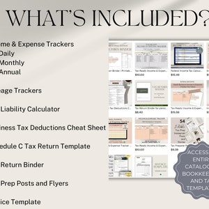 What's included? Income & expense trackers, tax liability calculator, business tax deductions cheat sheet, schedule c template, tax return binder, tax prep flyer, invoice template
