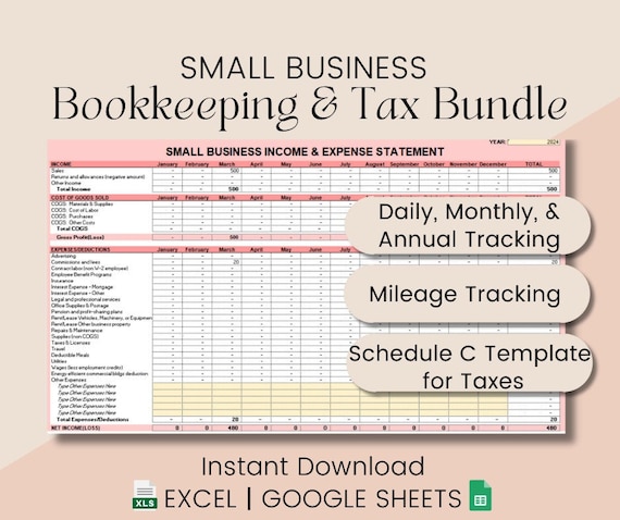 Small Business Bookkeeping and Tax Spreadsheet, Daily Monthly Annual Expense Tracking, Daily income and expense log, Schedule C Tax Template