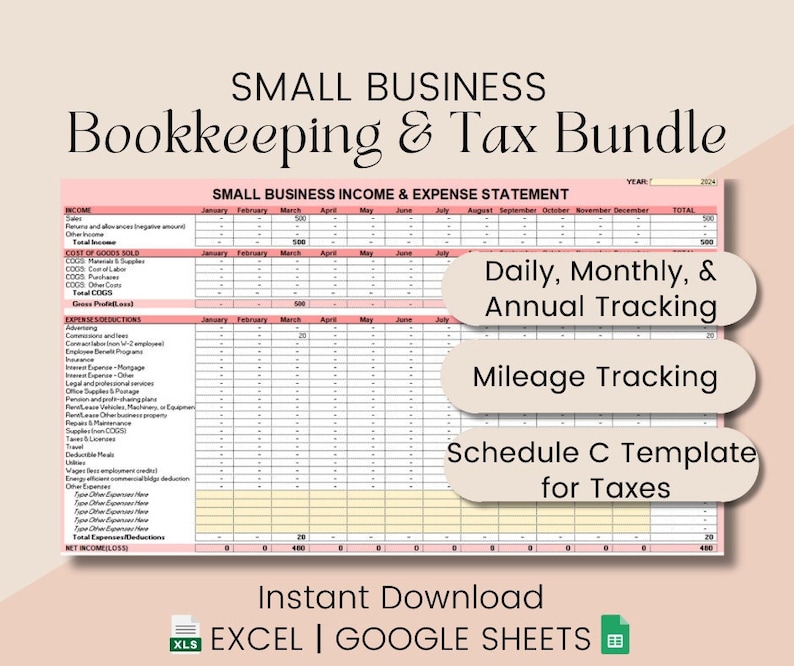 Small business bookkeeping and tax bundle with daily, monthly, and annual tracking. Includes Mileage Tracking, home office deduction and schedule C template for taxes.  Instant download in excel and google sheets.