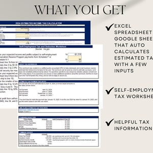 May include: A blue and white checklist with a green tick next to each item. The checklist lists the features of a 2024 estimated income tax calculator, including an Excel spreadsheet, a self-employment tax worksheet, and helpful tax information.