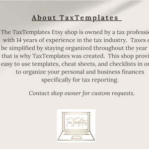Puede incluir: Un gr&aacute;fico con el texto "About TaxTemplates" y una descripci&oacute;n de la tienda Etsy propiedad de un profesional fiscal con 14 a&ntilde;os de experiencia en la industria fiscal. La tienda ofrece plantillas, hojas de trucos y listas de verificaci&oacute;n para ayudar a organizar las finanzas personales y comerciales para la declaraci&oacute;n de impuestos. El gr&aacute;fico tambi&eacute;n incluye una computadora port&aacute;til con el texto "TaxTemplates" en la pantalla.