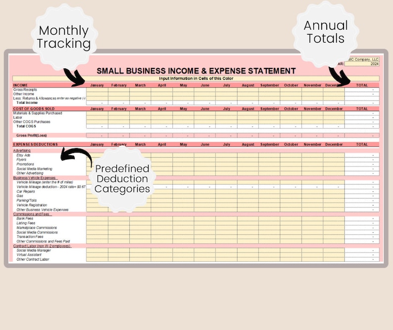 Income & Expense Tracker for Small Business | Monthly Deduction Tracker