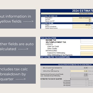 May include: A form for calculating 2024 estimated income tax. The form has fields for personal information, income tax, self-employment tax, credits, withholding, and estimated tax due by quarter. The form also includes instructions for calculating estimated tax to avoid penalty.