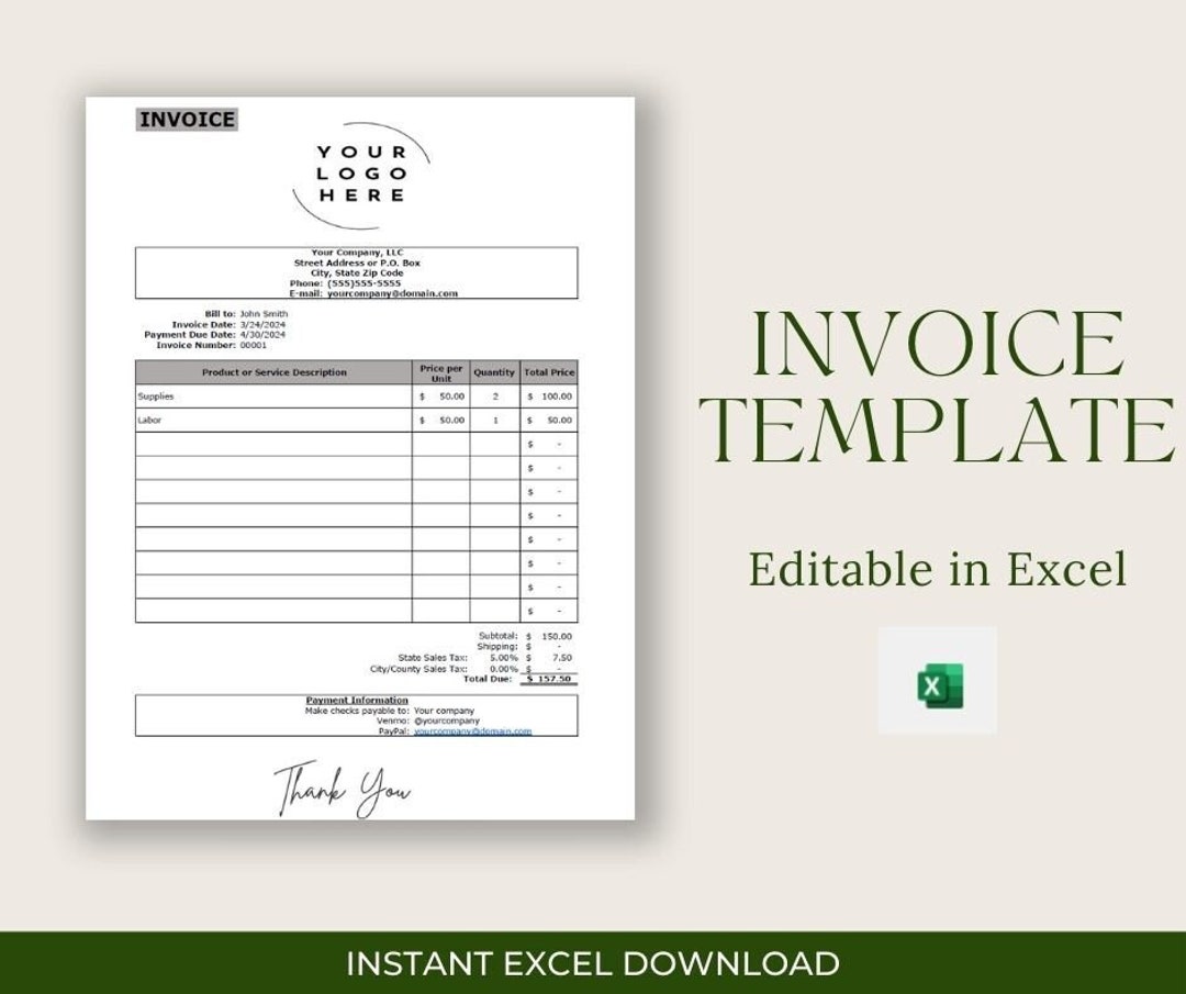 Editable Invoice Template for Excel: Small Business (digital Download ...