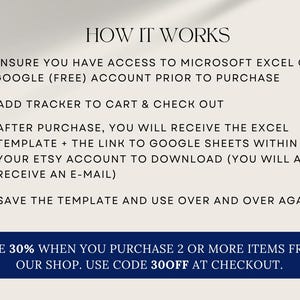 May include: A graphic with the text "HOW IT WORKS" and numbered steps detailing the process of purchasing and using a template. The steps include accessing Excel or Google Sheets, adding a tracker to the cart, and downloading the template. A blue banner at the bottom offers a discount.