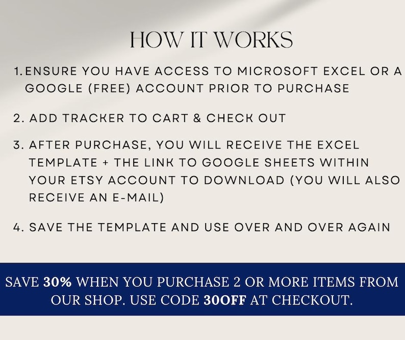 May include: A graphic with the text "HOW IT WORKS" and numbered steps detailing the process of purchasing and using a template. The steps include accessing Excel or Google Sheets, adding a tracker to the cart, and downloading the template. A blue banner at the bottom offers a discount.