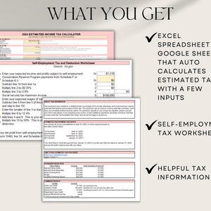 Puede incluir: Una hoja de c&aacute;lculo imprimible rosa y blanca con el t&iacute;tulo "What You Get" y una lista de verificaci&oacute;n de los elementos incluidos. Los elementos son: hoja de c&aacute;lculo de Excel y hoja de c&aacute;lculo de Google que calculan autom&aacute;ticamente el impuesto estimado con unas pocas entradas, hoja de trabajo de impuestos sobre el trabajo por cuenta propia e informaci&oacute;n fiscal &uacute;til.