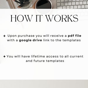 How it works:  upon purchase you will receive a PDF file with a google drive link to the templates.