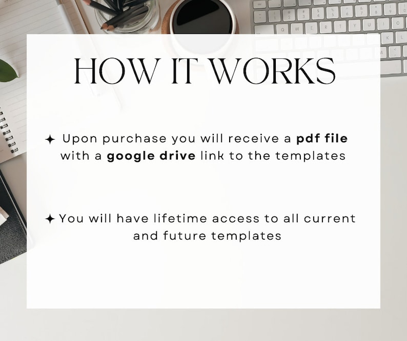 How it works:  upon purchase you will receive a PDF file with a google drive link to the templates.