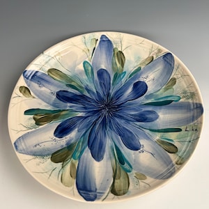 Hand-Painted Stoneware Plate: Blue Floral Design, Artist Signed (11.5&quot;)