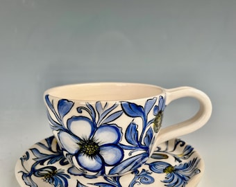 Handmade Stoneware Teacup and Saucer: Blue Floral Design