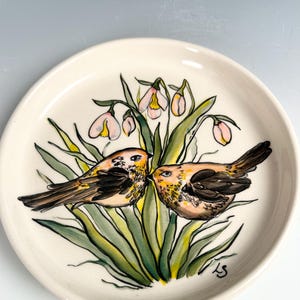 Stoneware Ceramic plate , Handmade, Hand painted, gift for birds lovers, unique and rare bird ,birds and  floral design
