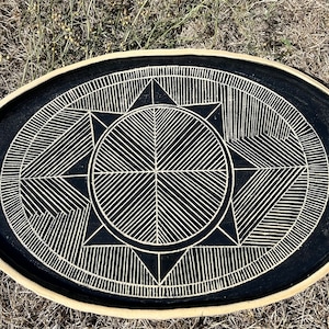 Large Handmade Ceramic Serving Platter: Sgraffito Stoneware Tray