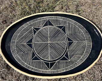 Large Handmade Ceramic Serving Platter: Sgraffito Stoneware Tray, Serving plate , Centerpiece