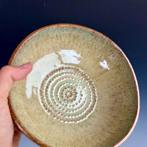 Puede incluir: Un cuenco de cerámica hecho a mano con un diseño en espiral en el centro. El cuenco tiene un esmalte verde claro con bordes marrones. La espiral está hecha de pequeños puntos en relieve. El cuenco está sostenido por una mano.