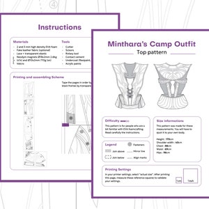 May include: Instructions and pattern for a fantasy character costume, "Minthara's Camp Outfit", featuring a detailed top pattern with a corset-like design. The pattern includes measurements for a height of 5'7" (170 cm), a shoulder width of 16" (40 cm), a chest of 35" (88 cm), a waist of 24" (61 cm), and hips of 38" (96 cm).