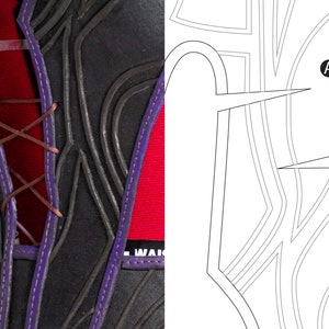 May include: A black leather corset with purple stitching and a brown lace-up closure in the back. The corset has a textured design and is shown next to a pattern for the garment.