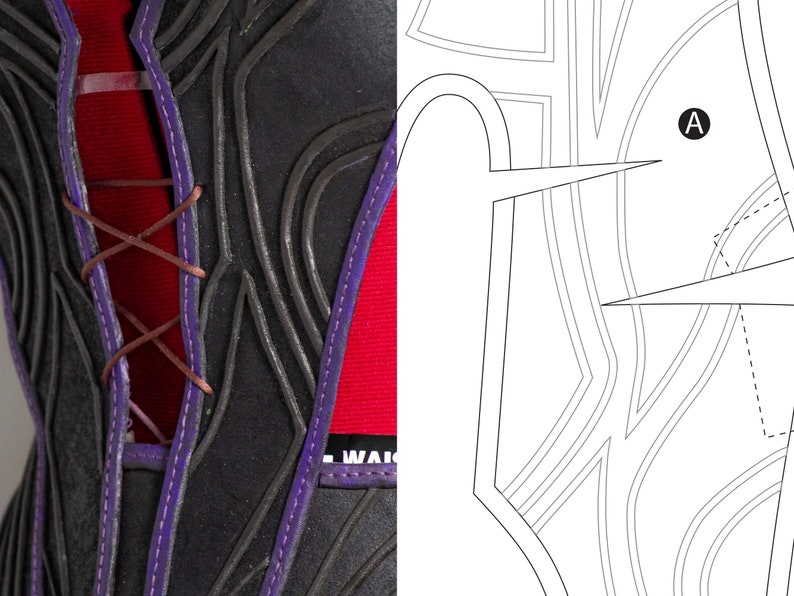 May include: A black leather corset with purple stitching and a brown lace-up closure in the back. The corset has a textured design and is shown next to a pattern for the garment.