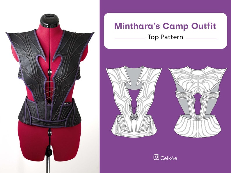 May include: A black and purple top pattern for a costume. The pattern includes a front and back view. The text "Minthara's Camp Outfit Top Pattern" is at the top of the image.