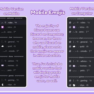 K&ouml;nnte beinhalten: Eine lila-wei&szlig;e Grafik mit Text &uuml;ber Discord-Mobile-Emojis. Zwei Handy-Displays zeigen Discord-Kan&auml;le mit lila Emojis. Der Text erkl&auml;rt, dass mobile Nutzer lila Emojis sehen, w&auml;hrend Computernutzer andere Farben sehen.