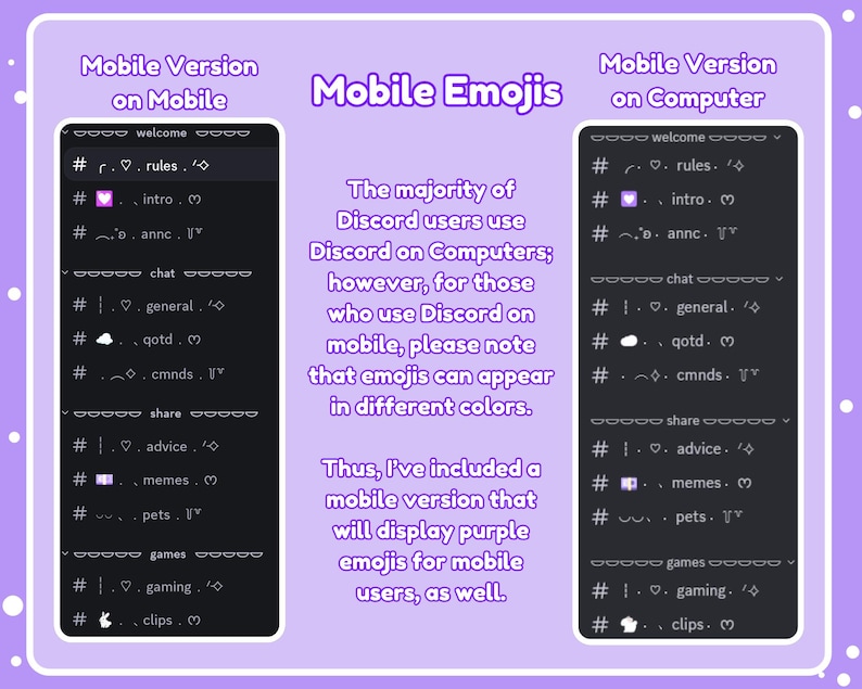 K&ouml;nnte beinhalten: Eine lila-wei&szlig;e Grafik mit Text &uuml;ber Discord-Mobile-Emojis. Zwei Handy-Displays zeigen Discord-Kan&auml;le mit lila Emojis. Der Text erkl&auml;rt, dass mobile Nutzer lila Emojis sehen, w&auml;hrend Computernutzer andere Farben sehen.