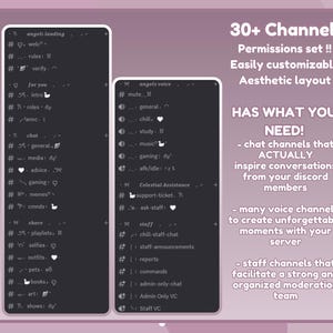 May include: A screenshot of a Discord server layout with a dark background and white text. The server has over 30 channels, including chat channels, voice channels, and staff channels. The text on the image reads "30+ Channels", "Permissions set!!", "Easily customizable", "Aesthetic layout", "HAS WHAT YOU NEED!", "chat channels that ACTUALLY inspire conversations from your discord members", "many voice channels to create unforgettable moments with your server", "staff channels that facilitate a strong and organized moderation team".
