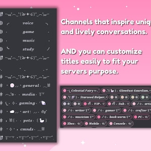 May include: A pink graphic with text and icons. The text reads "Channels that inspire unique and lively conversations." and "AND you can customize titles easily to fit your servers purpose."