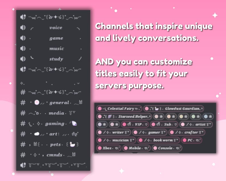 May include: A pink graphic with text and icons. The text reads "Channels that inspire unique and lively conversations." and "AND you can customize titles easily to fit your servers purpose."