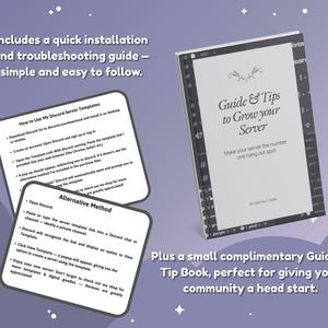 K&ouml;nnte beinhalten: Ein Ratgeber und ein Tippbuch mit dem Titel "Guide & Tips to Grow your Server" und zwei Anweisungskarten. Die Karten enthalten Anweisungen zur Verwendung von Discord-Servervorlagen. Das Buch und die Karten befinden sich auf einem lila Hintergrund.
