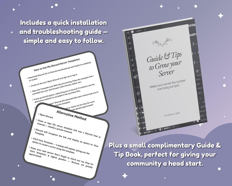 K&ouml;nnte beinhalten: Ein Ratgeber und ein Tippbuch mit dem Titel "Guide & Tips to Grow your Server" und zwei Anweisungskarten. Die Karten enthalten Anweisungen zur Verwendung von Discord-Servervorlagen. Das Buch und die Karten befinden sich auf einem lila Hintergrund.