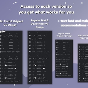 May include: Image with text: "Access to each version so you get what works for you." Displays four dark gray rectangles with text in different fonts and designs. The text includes words like "voice," "game," "music," and "study."