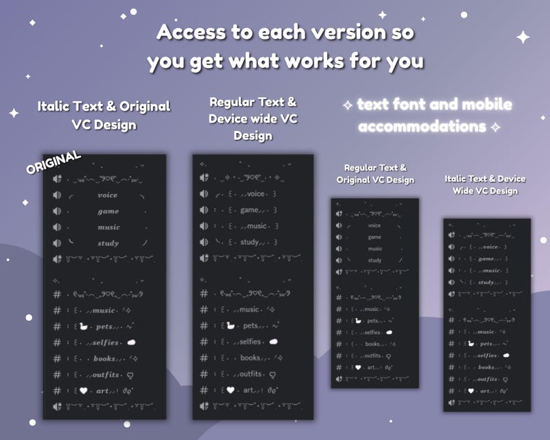 May include: Image with text: "Access to each version so you get what works for you." Displays four dark gray rectangles with text in different fonts and designs. The text includes words like "voice," "game," "music," and "study."