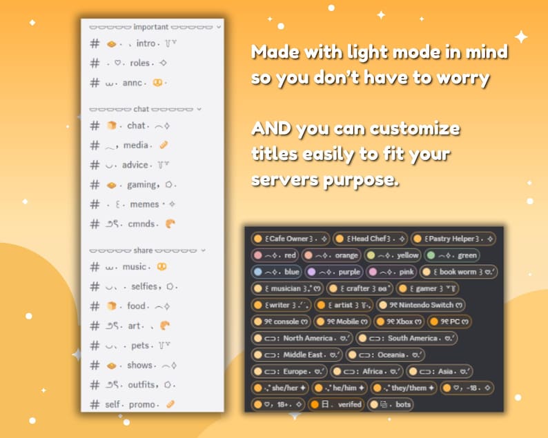 May include: A digital interface with a light mode design, featuring customizable titles for server purposes. The interface includes various categories and options, such as roles, media, gaming, and more. Text on the image says "Made with light mode in mind so you don't have to worry."
