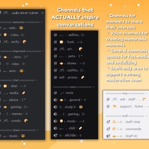 May include: A digital graphic with text on a yellow background. The text includes "cafe now open" and "Channels that ACTUALLY inspire conversations." Lists of channel names are displayed, such as "selfies," "food," and "art."