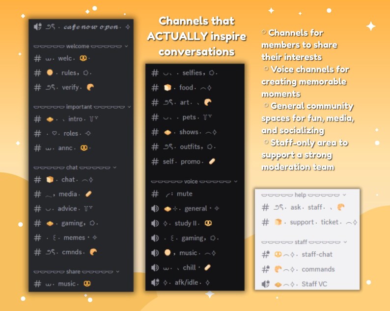 May include: A digital graphic with text on a yellow background. The text includes "cafe now open" and "Channels that ACTUALLY inspire conversations." Lists of channel names are displayed, such as "selfies," "food," and "art."