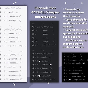 May include: Three black and white panels with text on a purple background. The panels list channel names like "voice", "game", and "music", and describe channels for sharing interests, creating moments, and socializing. The text reads "Channels that ACTUALLY inspire conversations."