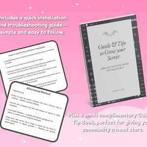May include: A guide and tip book titled "Guide & Tips to Grow your Server" with instructions on how to use Discord server templates. Includes a quick installation and troubleshooting guide. The image is set against a pink background.