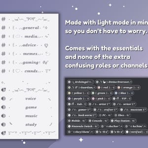 May include: A digital interface with a light purple background, featuring text and icons. The text includes phrases like "Made with light mode in mind" and "Comes with the essentials." There are also various role and channel options.