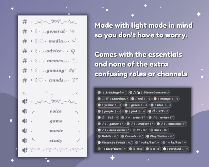 May include: A digital interface with a light purple background, featuring text and icons. The text includes phrases like "Made with light mode in mind" and "Comes with the essentials." There are also various role and channel options.