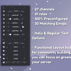 May include: A digital graphic on a purple background with white stars. The graphic lists features of a server, including 27 channels, 31 roles, and 30 matching emojis. Text includes "Functional layout built for community building."
