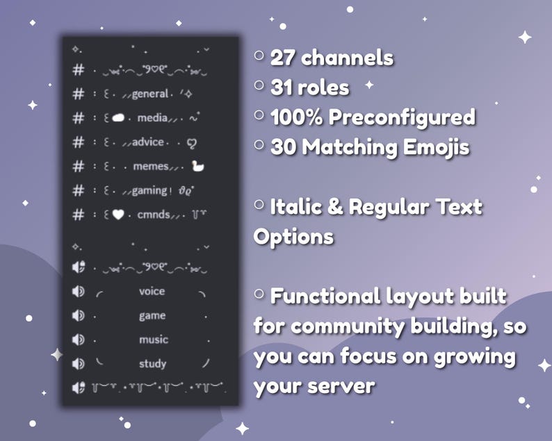 May include: A digital graphic on a purple background with white stars. The graphic lists features of a server, including 27 channels, 31 roles, and 30 matching emojis. Text includes "Functional layout built for community building."