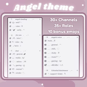 May include: A pink and white digital illustration of a Discord server theme with the text "Angel theme" at the top. The image shows a list of channels and roles with names like "angels landing", "general", "chill", "study", "music", "gaming", "afk/idle", "support-ticket", and "memes".