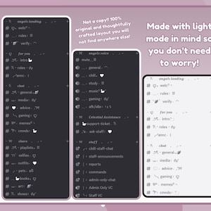 May include: Two screenshots of a Discord server list with different color schemes. The left screenshot has a dark background with white text and the right screenshot has a light background with black text. Both screenshots show a list of channels with names like "welc", "rules", "general", "media", "advice", "gaming", "memes", "cmods", "share", "playlists", "selfies", "outfits", "pets", "books", "art", and "shows".
