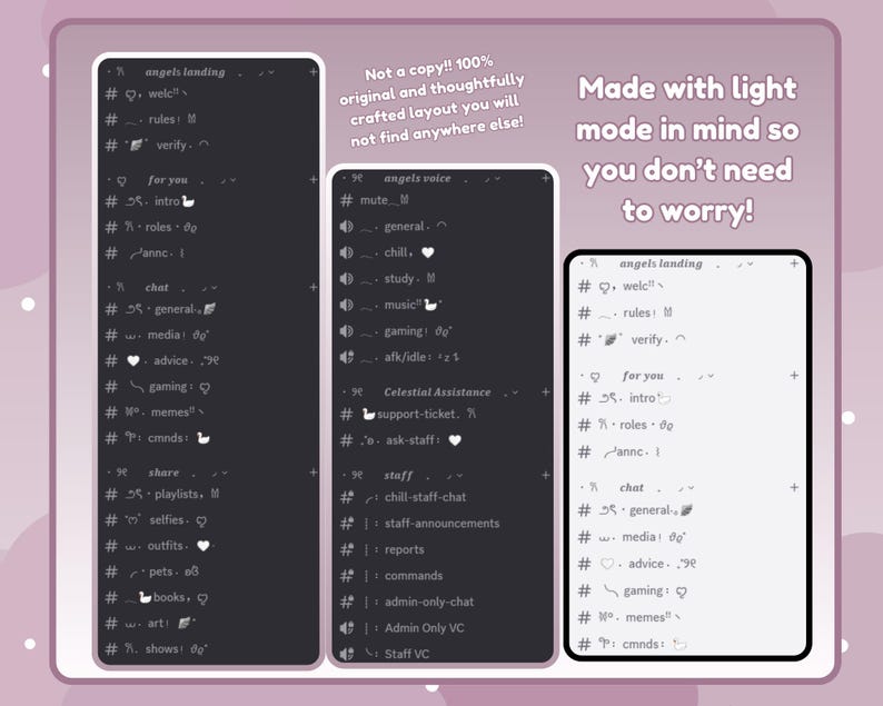 May include: Two screenshots of a Discord server list with different color schemes. The left screenshot has a dark background with white text and the right screenshot has a light background with black text. Both screenshots show a list of channels with names like "welc", "rules", "general", "media", "advice", "gaming", "memes", "cmods", "share", "playlists", "selfies", "outfits", "pets", "books", "art", and "shows".