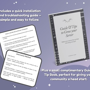 May include: A guide and tip book with the title "Guide & Tips to Grow your Server" and two instruction cards. The cards provide instructions on how to use Discord server templates. The book and cards are on a purple background.