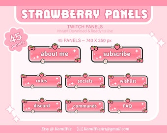 Pink twitch panels for streamers cute strawberry twitch panel simplistic panel set ready to use panel pack sakura twitch panels kawaii