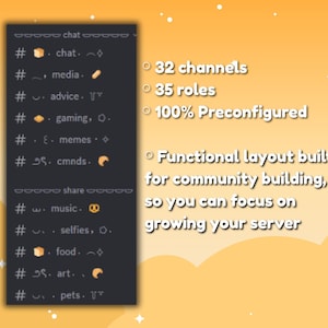 May include: A dark gray Discord server layout with 32 channels, 35 roles, and 100% preconfigured. The layout is designed for community building, allowing users to focus on server growth. The image includes text.