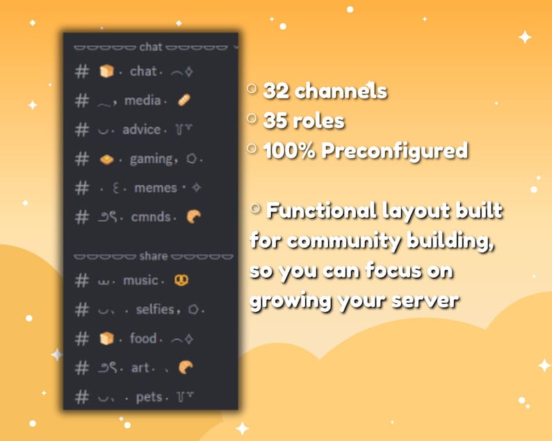 May include: A dark gray Discord server layout with 32 channels, 35 roles, and 100% preconfigured. The layout is designed for community building, allowing users to focus on server growth. The image includes text.