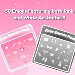 May include: Two digital emote packs are displayed against a pink gradient background. The packs, labeled "Free Emote Pack," feature various emojis in pink and white aesthetics. The text "50 Emojis Featuring both Pink and White Aesthetics!!" is at the top.